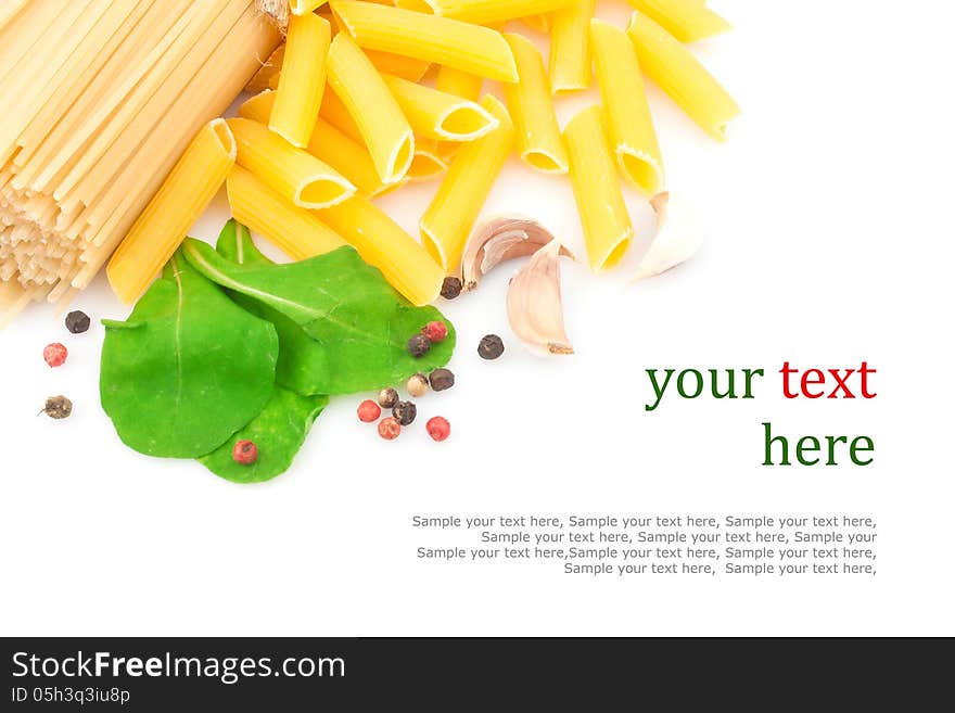 Spaghetti and spices on white background & text, food ingredients. Spaghetti and spices on white background & text, food ingredients