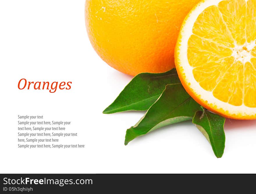 Fresh oranges fruit with green leaves & text, on white background. Fresh oranges fruit with green leaves & text, on white background