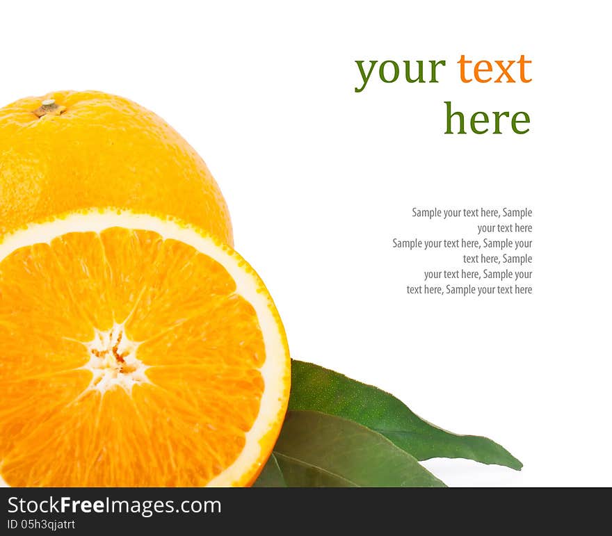 Fresh oranges fruit with green leaves & text, on white background. Fresh oranges fruit with green leaves & text, on white background