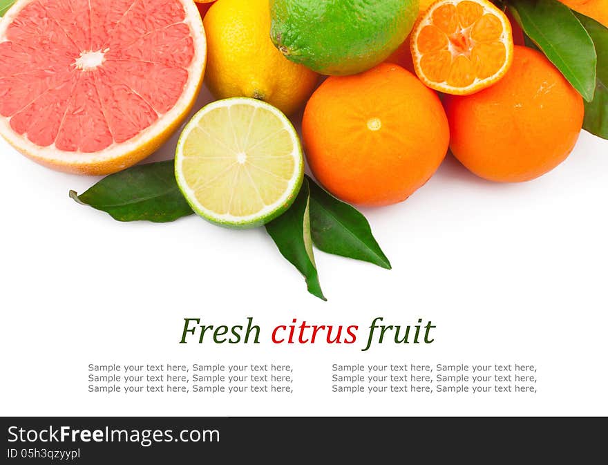 Set of fresh citrus fruits with green leaves & text, on white background