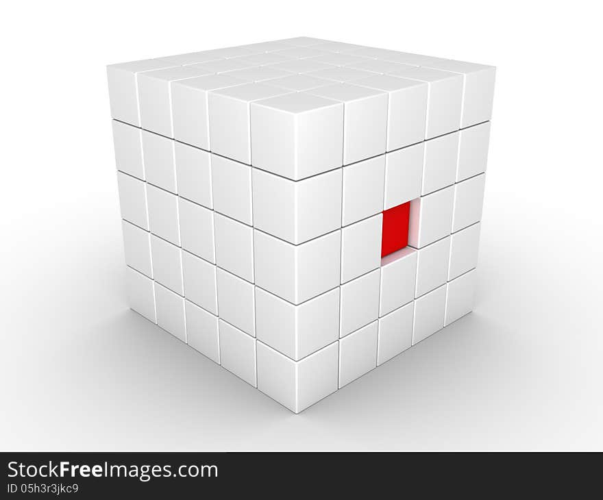 One 3d cube is pressed inside of object made of cubes. One 3d cube is pressed inside of object made of cubes