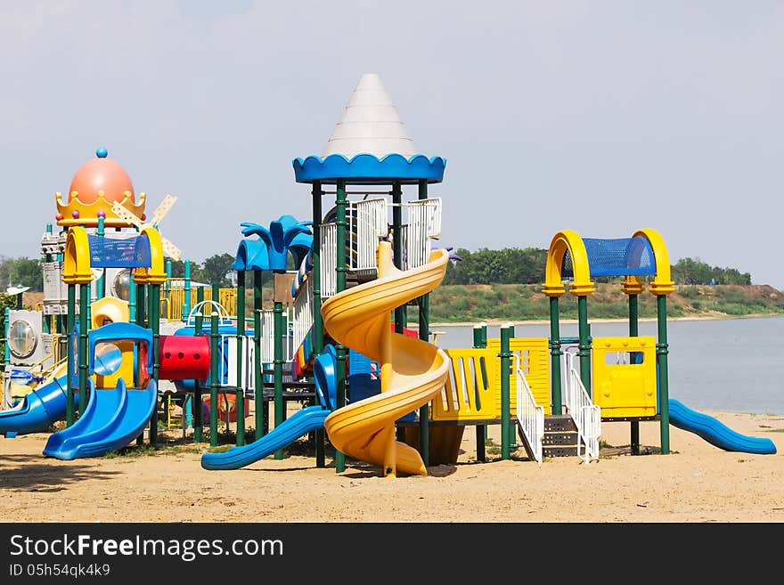 Modern children playground in park without children