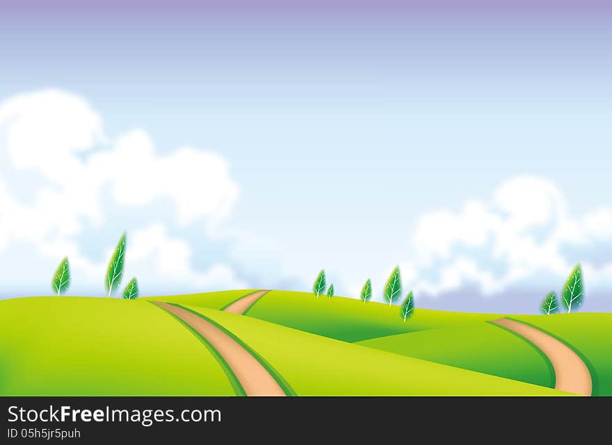 Green field with sky and cloud, nature background, illustration. Green field with sky and cloud, nature background, illustration