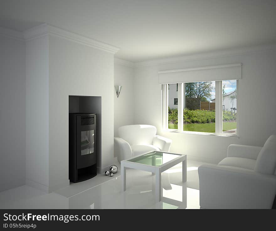 White living-room, with fire place. White living-room, with fire place.