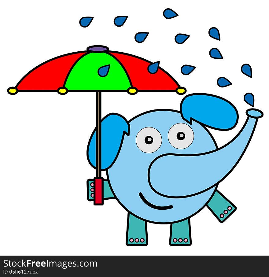 A funny illustration of an elephant squirting itself with water while holding an umbrella. A funny illustration of an elephant squirting itself with water while holding an umbrella