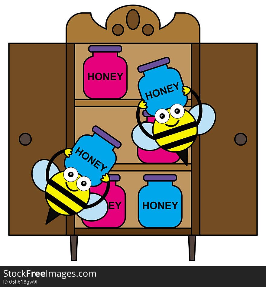 A cartoon illustration of bees carrying jars of honey and storing it. A cartoon illustration of bees carrying jars of honey and storing it