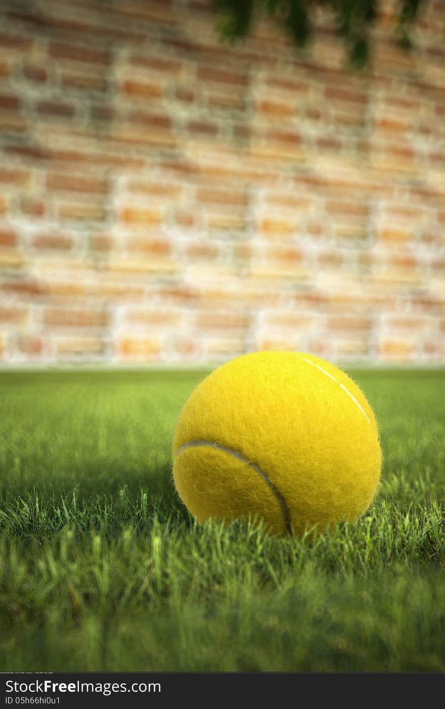 Yellow Tennis Ball On Grass, With A Brick Wall In The Background