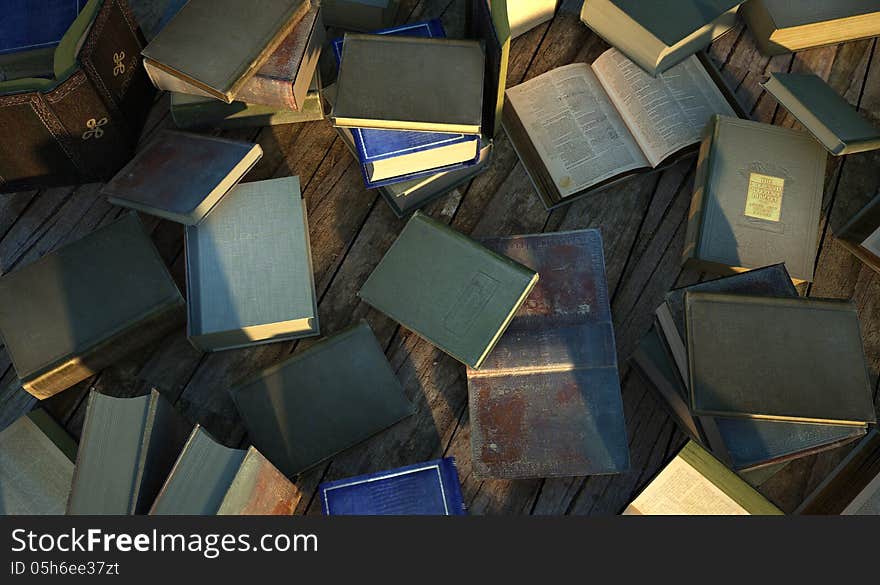 Many old and ancient books, spread over a wooden surface.