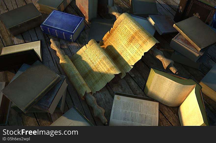 Ancient Papyrus Surrounded By Very Old Books On Wooden Floor.