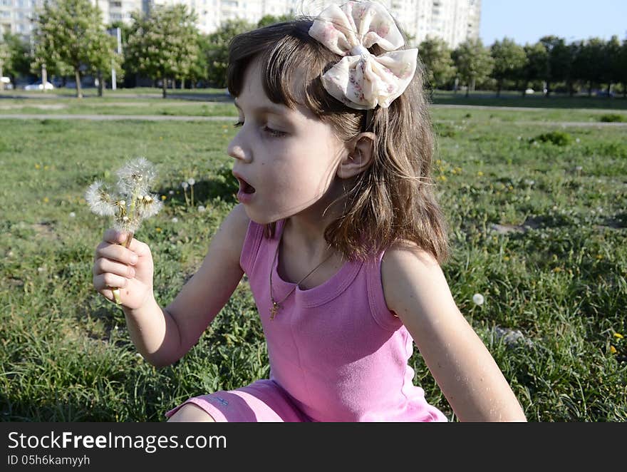 Girl blowing on a dandelion sitting in the grass. Girl blowing on a dandelion sitting in the grass