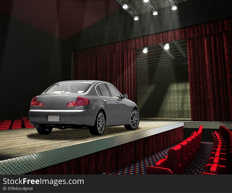 Sedan car on a fashion runway, in the spotlght.