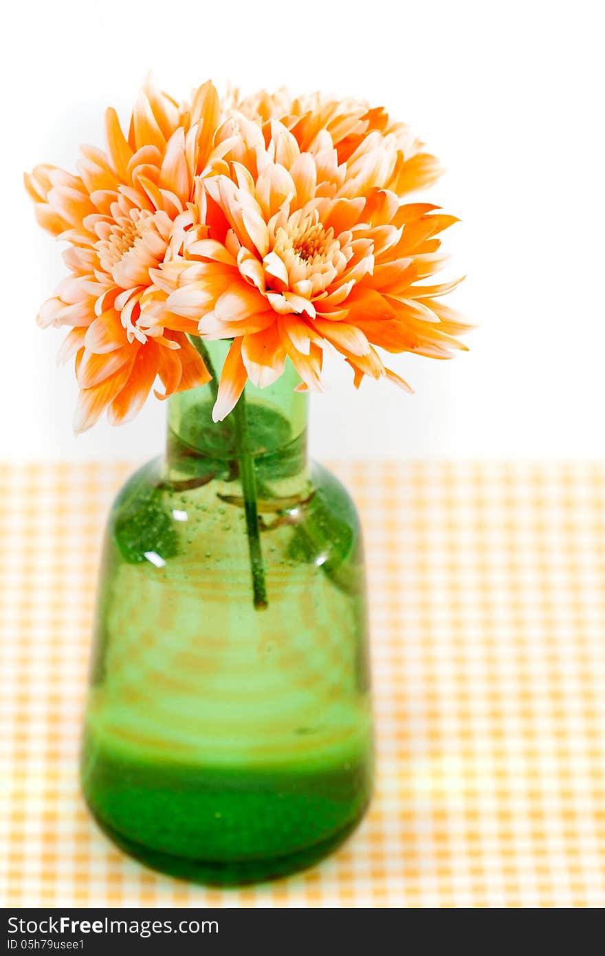 Still life with little orange chrysanthemums in a green vase