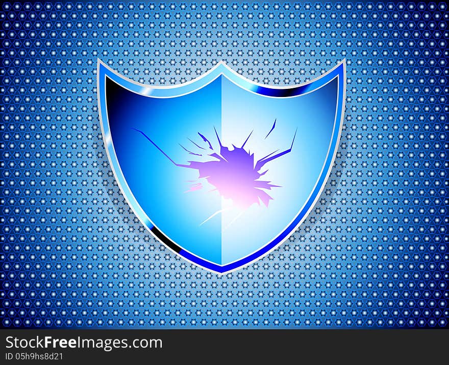 Glossy blue shield with broken glass on blue steel background