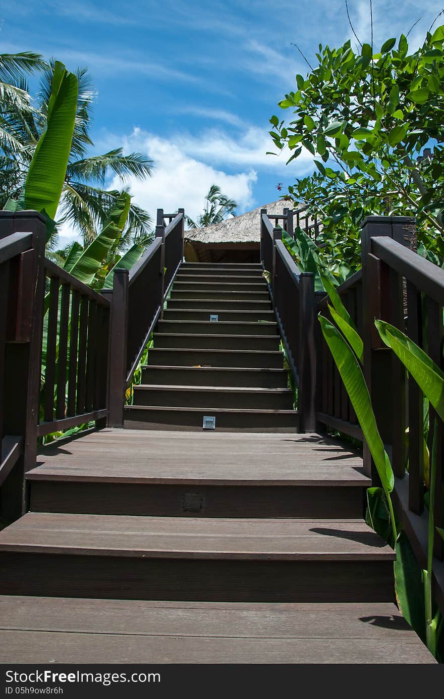 Wooden stairs in a tropical resort