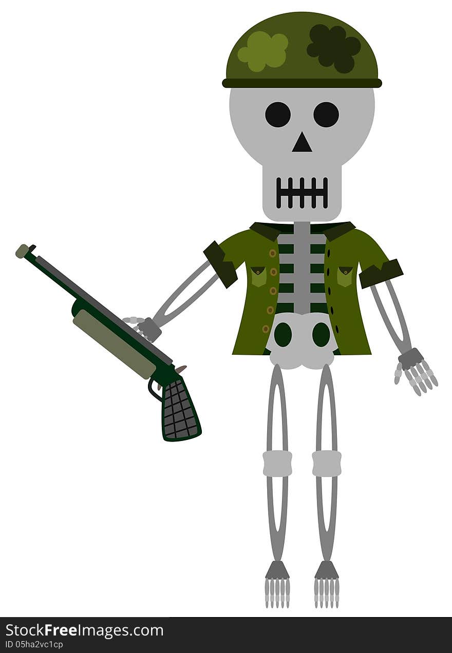 An illustration of a skeleton in soldier's uniform and holding a rifle. An illustration of a skeleton in soldier's uniform and holding a rifle