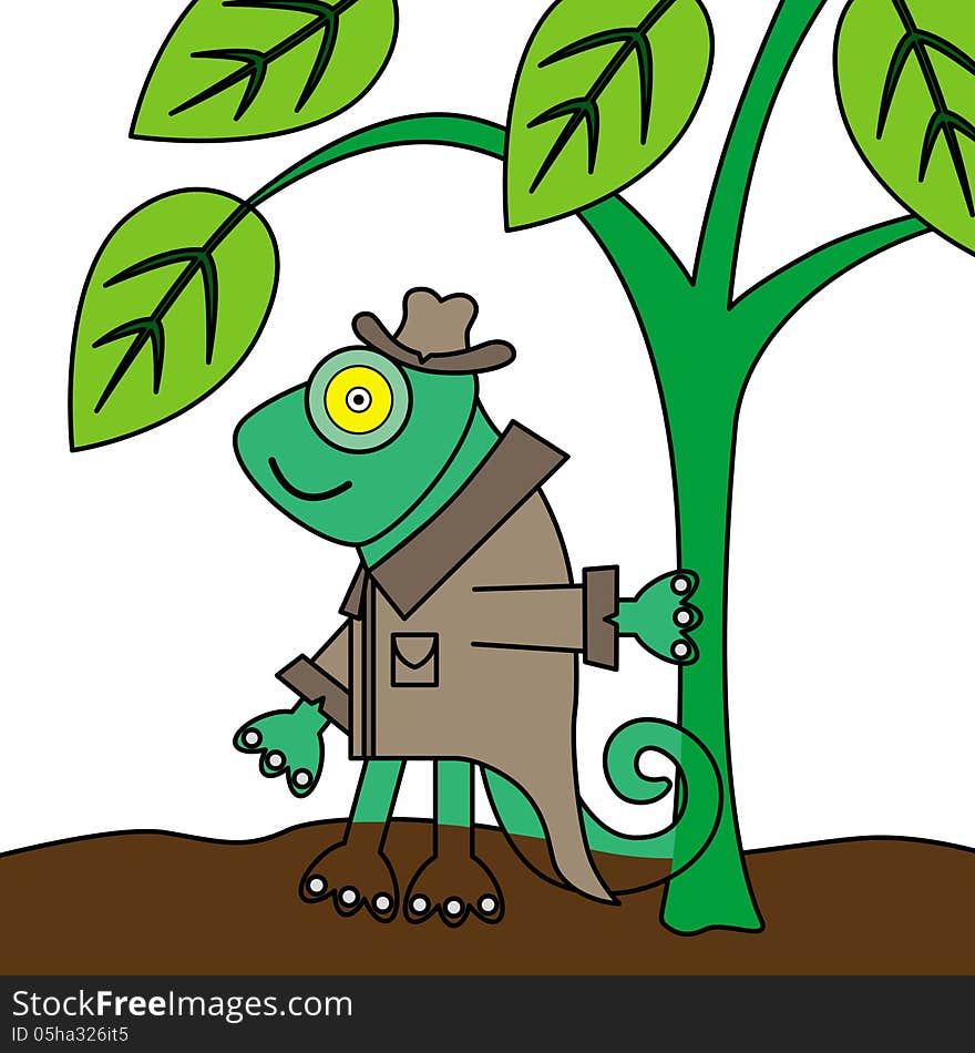 A humorous illustration of a chameleon dressed like a detective. A humorous illustration of a chameleon dressed like a detective