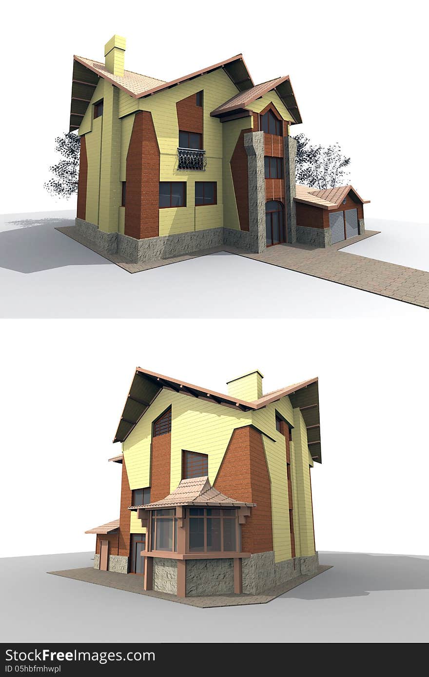 3D model of an individual apartment house on an abstract site from different angles. 3D model of an individual apartment house on an abstract site from different angles