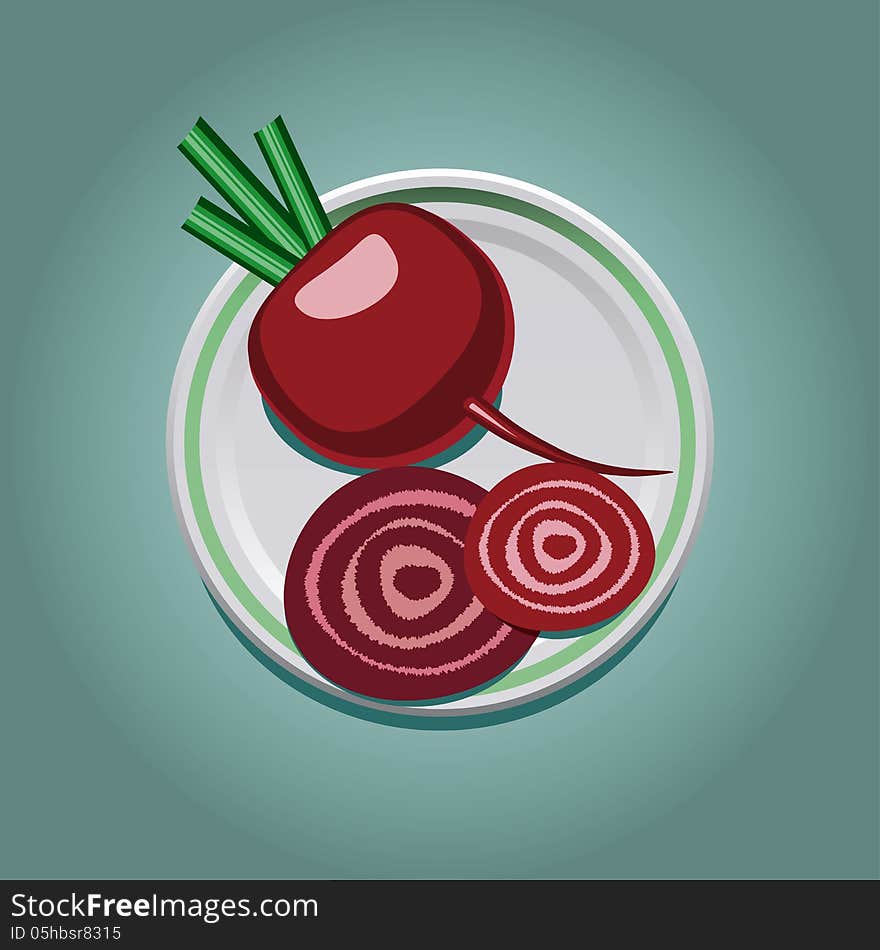 Vector illustration of purple beetroot with slices on a plate. Vector illustration of purple beetroot with slices on a plate