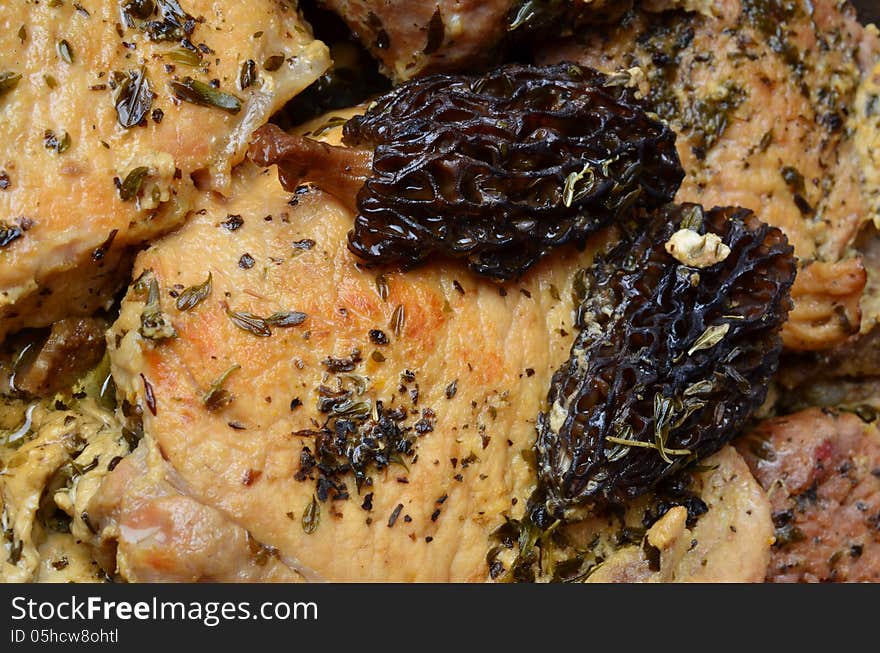 Close up of pork steak with Morel mushrooms and spices, French recipe. Close up of pork steak with Morel mushrooms and spices, French recipe