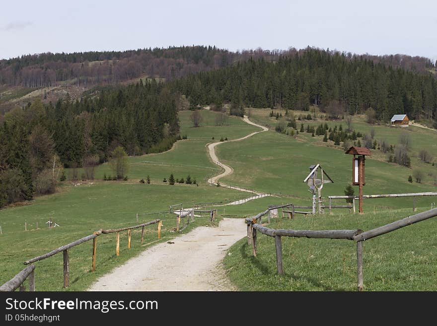 Hiking trail in the Polish mountains in Beskyd Zywiecki