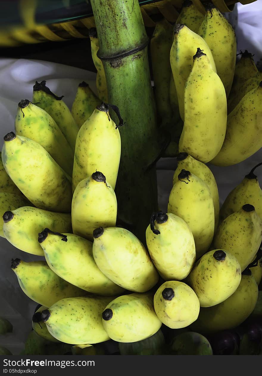 Yellow banana bunch In restaurant