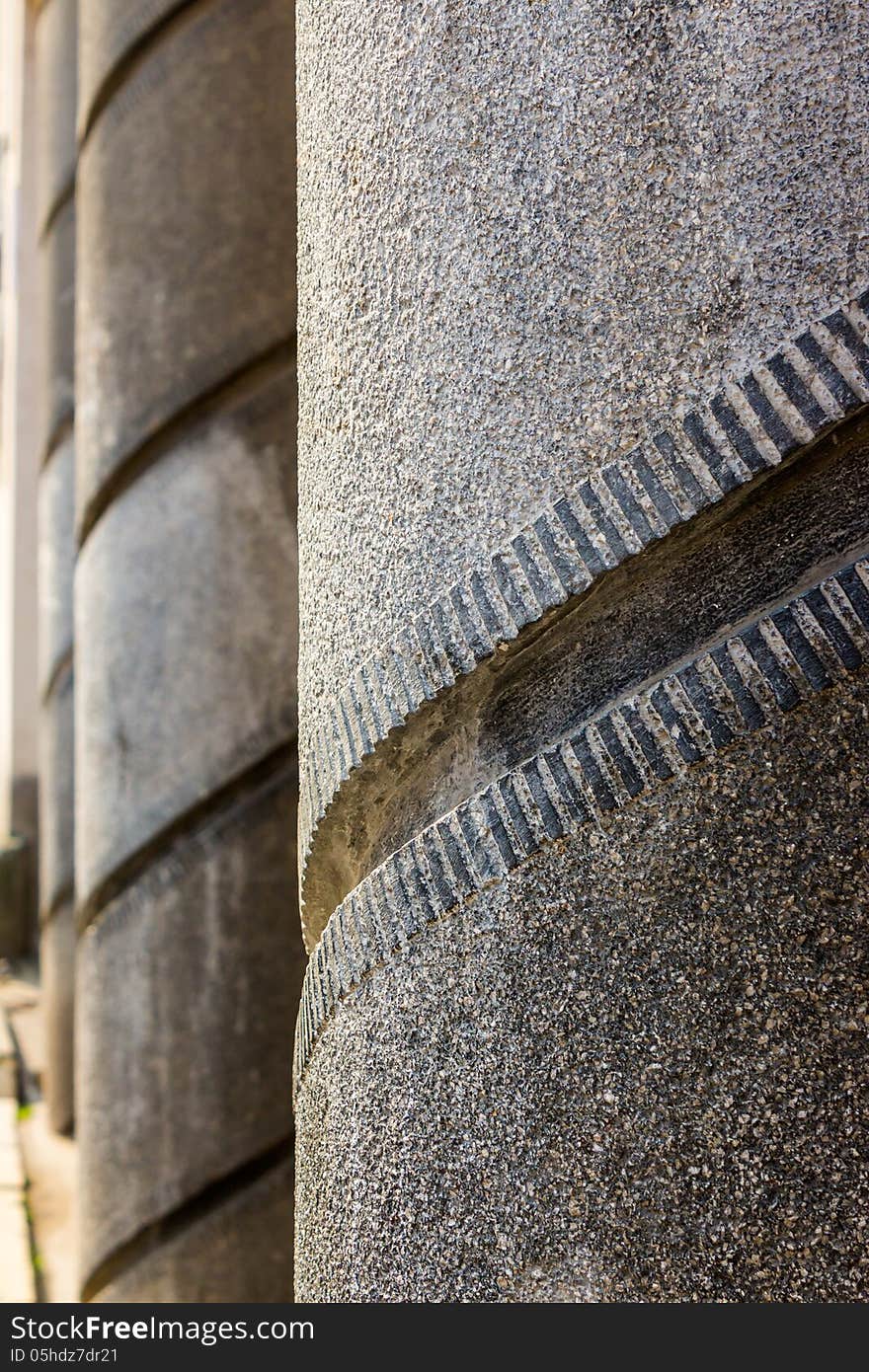 Gallery thick concrete columns with a spiral pattern. Gallery thick concrete columns with a spiral pattern