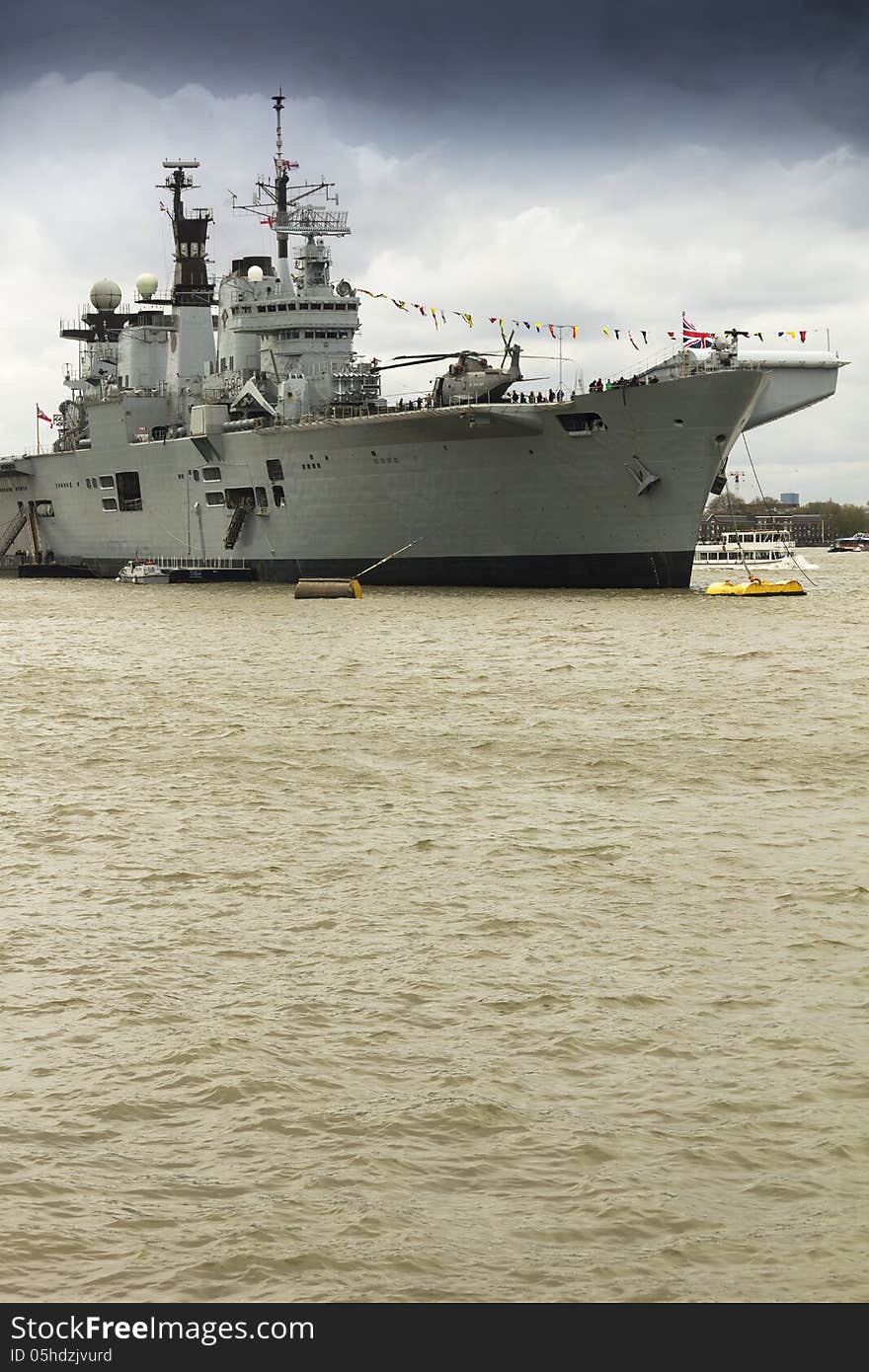 HMS Illustrious moored in London, taking part in a series of events to mark the 70th anniversary of the climax of the Battle of the Atlantic. HMS Illustrious moored in London, taking part in a series of events to mark the 70th anniversary of the climax of the Battle of the Atlantic