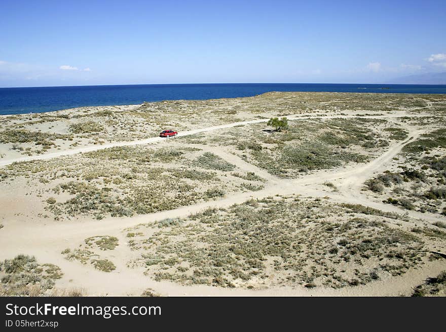 Sandy coast of lake.