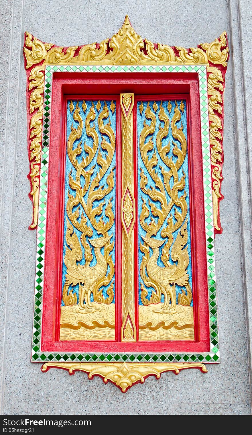 Golden And Red Thai Temple Door Sculpture