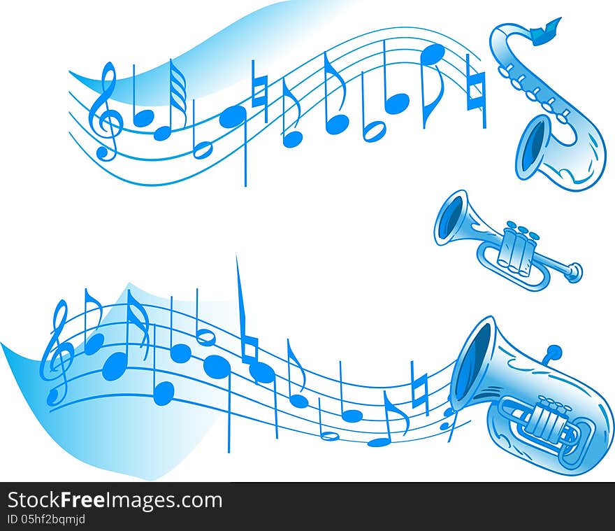 The illustration shows a number of wind instruments on a white background and abstract musical notes. There is a place for the text. Illustration done on separate layers.