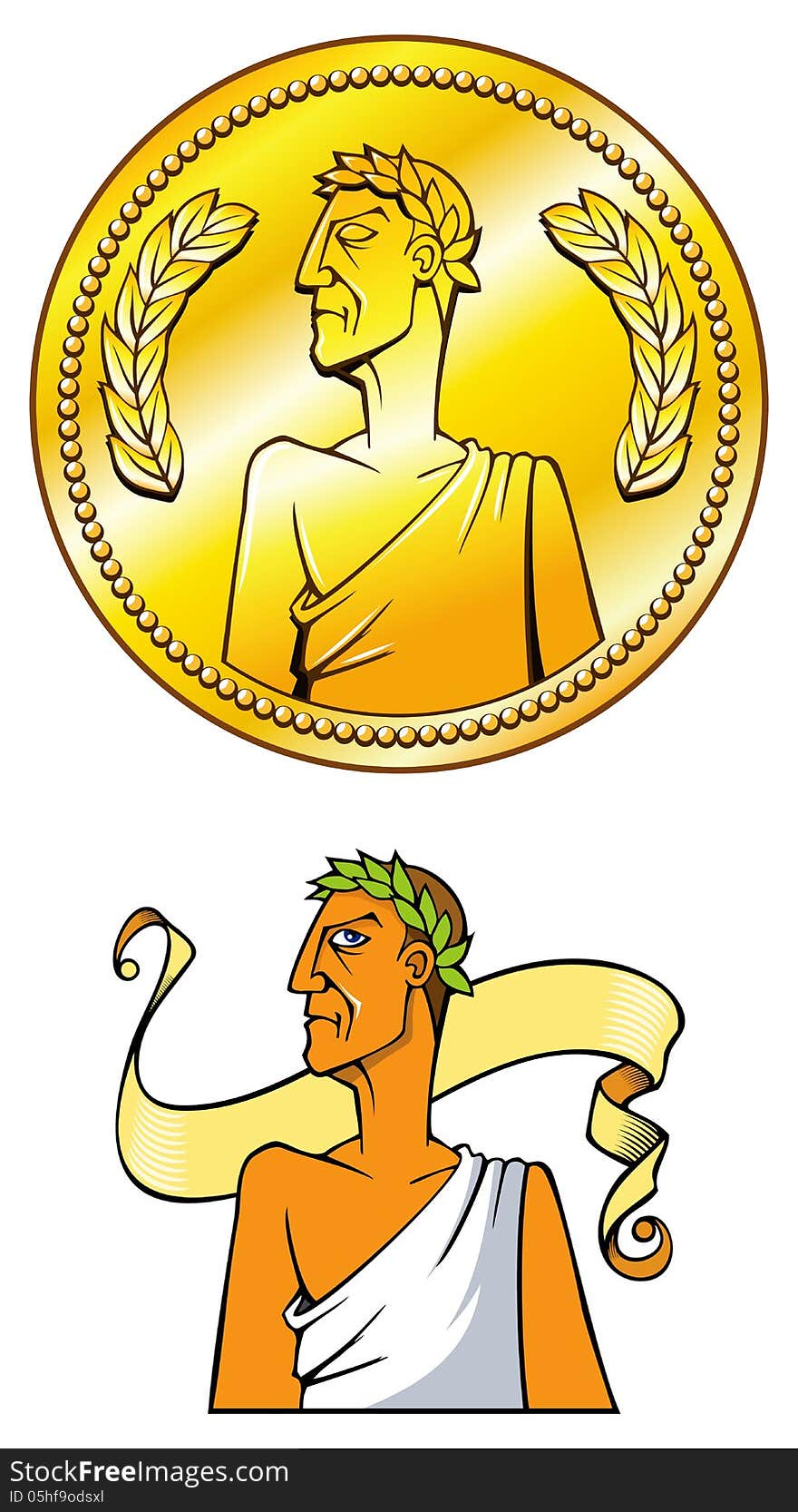 Empire golden coin and Emperor himself, vector illustration. Empire golden coin and Emperor himself, vector illustration