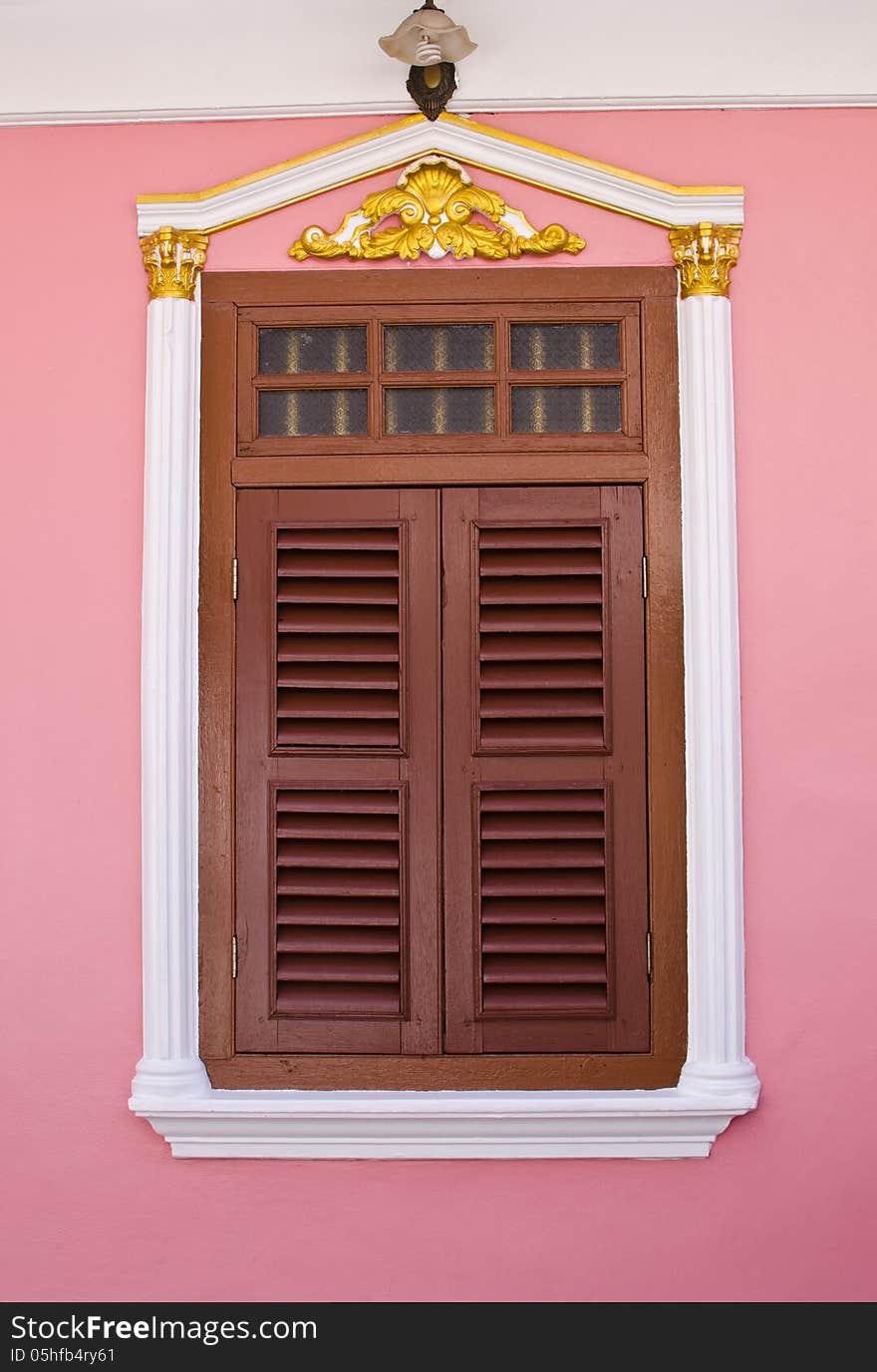 Wood window background and pink wall. Wood window background and pink wall