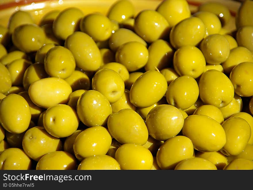 Typical spanish green olives ready to be consumed