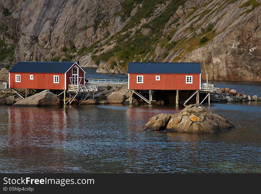 Red rorbu cabins on Lofoten islands in Norway