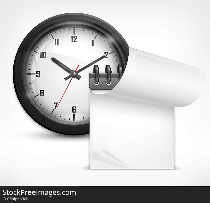 Round clock with arabic numerals and white notebook, vector illustration. Round clock with arabic numerals and white notebook, vector illustration