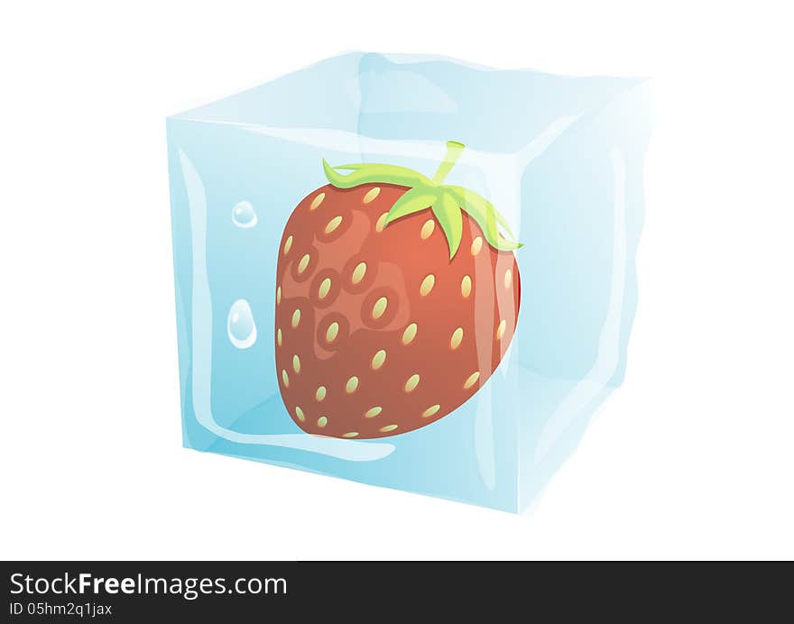 Strawberry freezed in the ice cube isolated on the white background. Strawberry freezed in the ice cube isolated on the white background