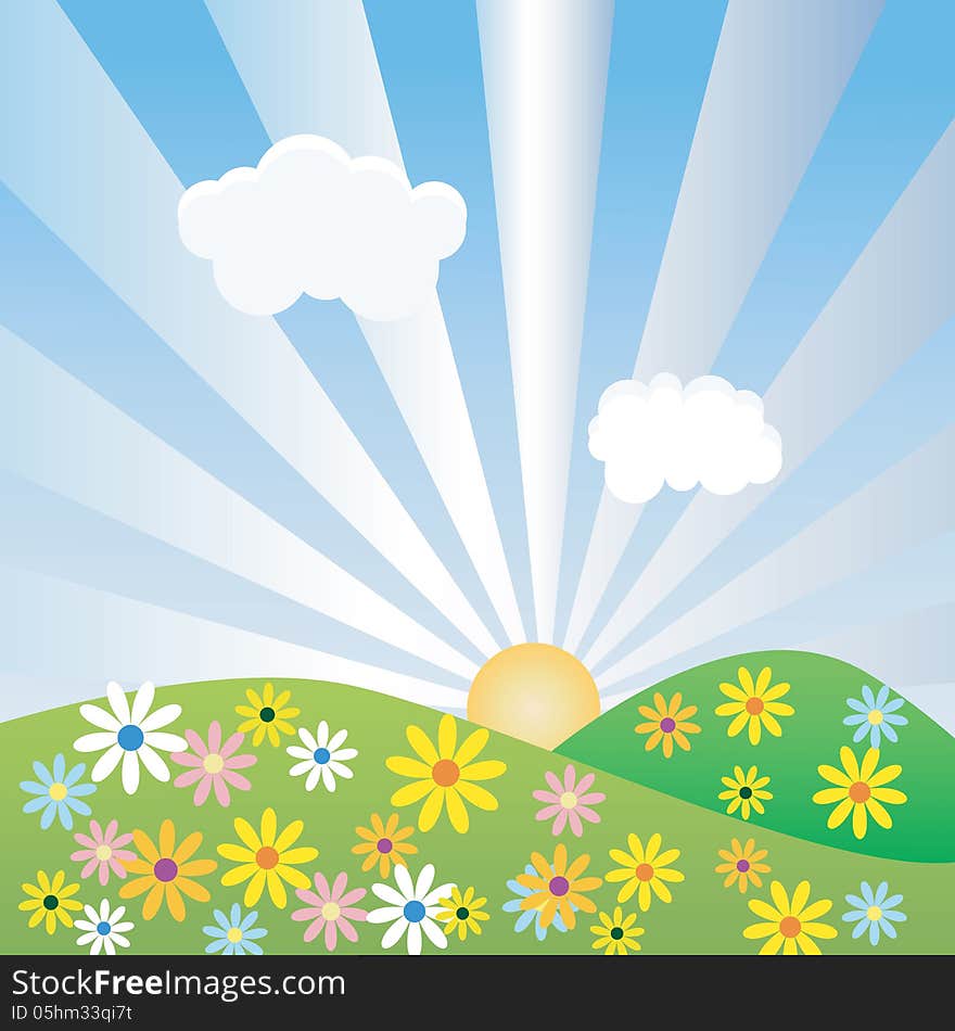 Summer atmosphere background with sun ray, mountain and flowers