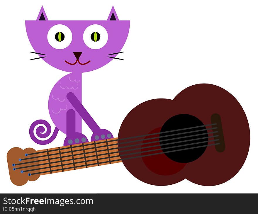 Illustration of happy cat on a guitar. Illustration of happy cat on a guitar