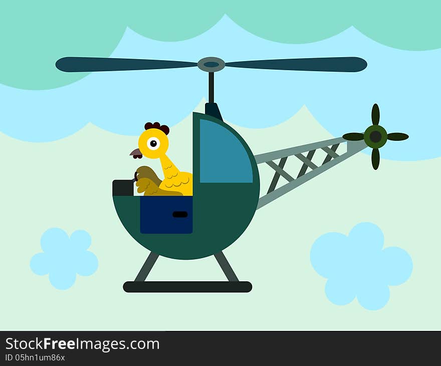 A funny illustration of a chicken driving a helicopter. A funny illustration of a chicken driving a helicopter