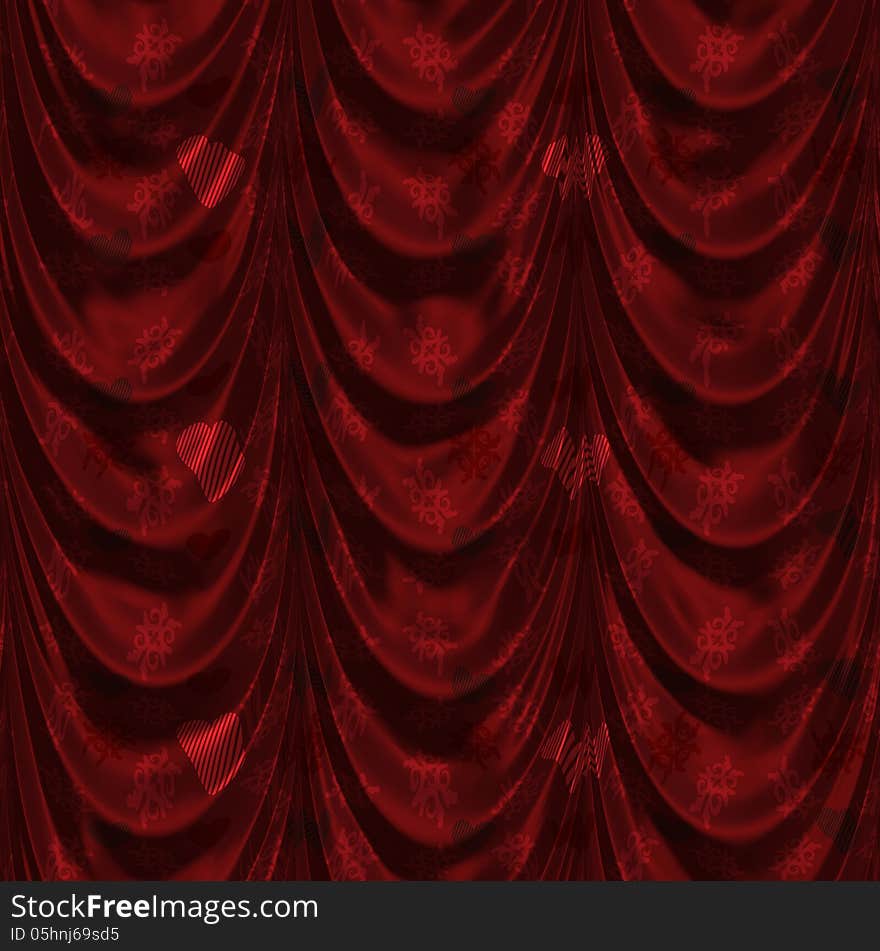 Luxury curtain of red color with heart pattern background. Luxury curtain of red color with heart pattern background.