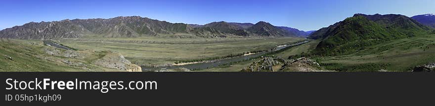 Panorama of the river Katun in the mountains