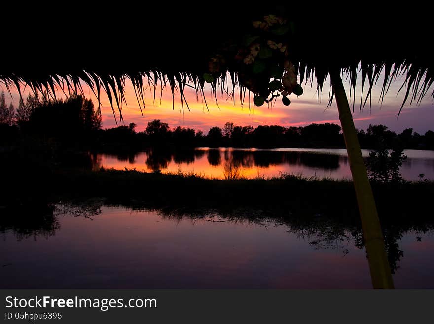 Trees silhouette on sunset Thailand river. Trees silhouette on sunset Thailand river