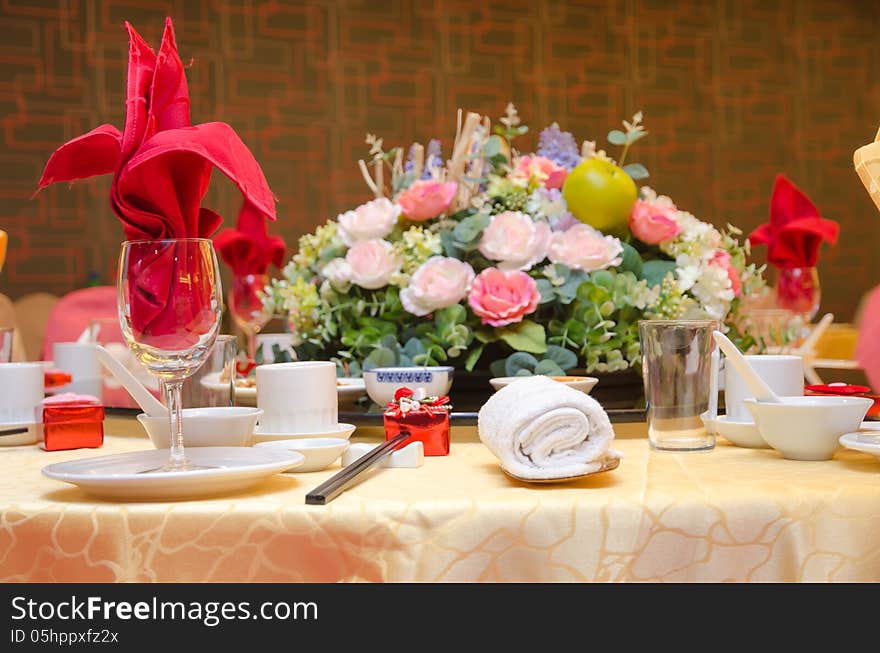 Chinese wedding table setup in a restaurant. Chinese wedding table setup in a restaurant