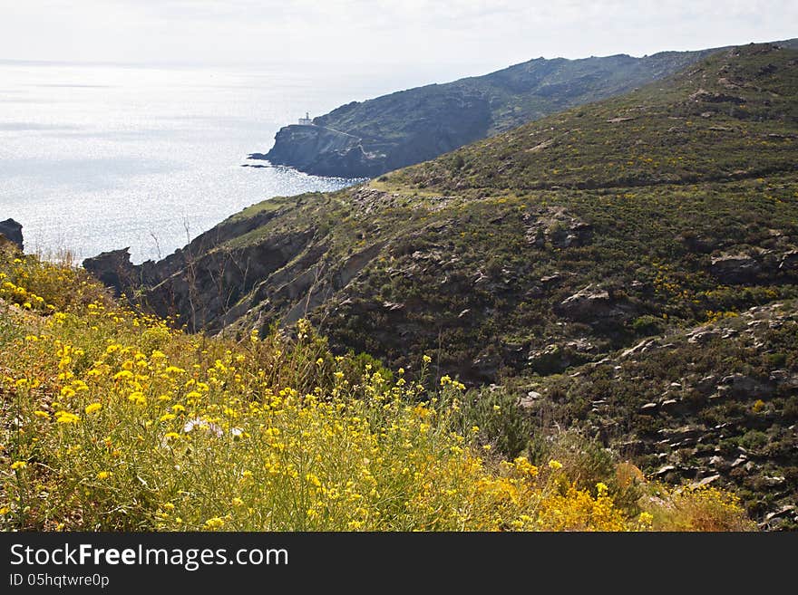 View of the Cala Nans Lighthouse near Cadaques Spain on the shore Mediterranean. View of the Cala Nans Lighthouse near Cadaques Spain on the shore Mediterranean