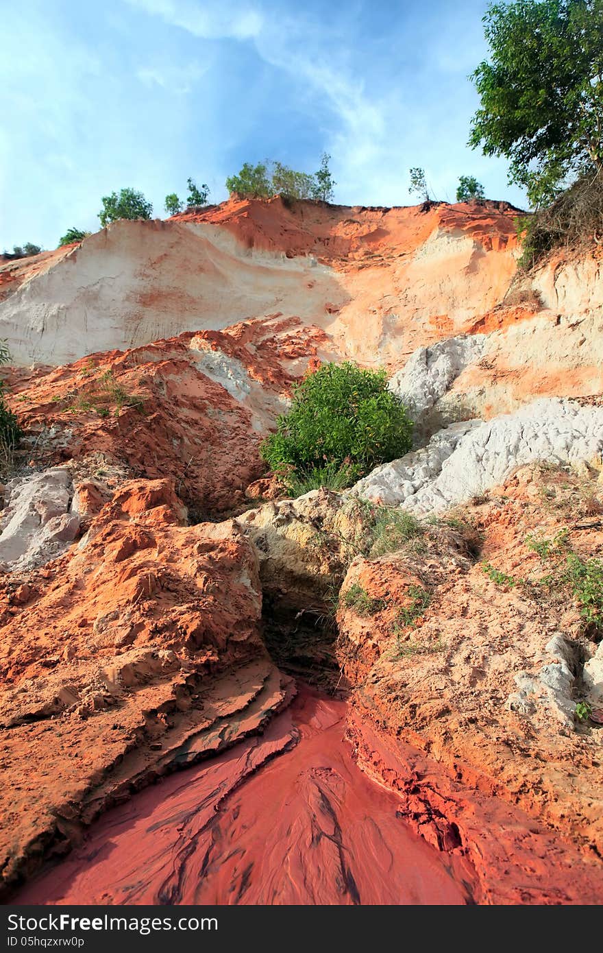 Ham Tien canyon in Vietnam, small stream carving through the sand