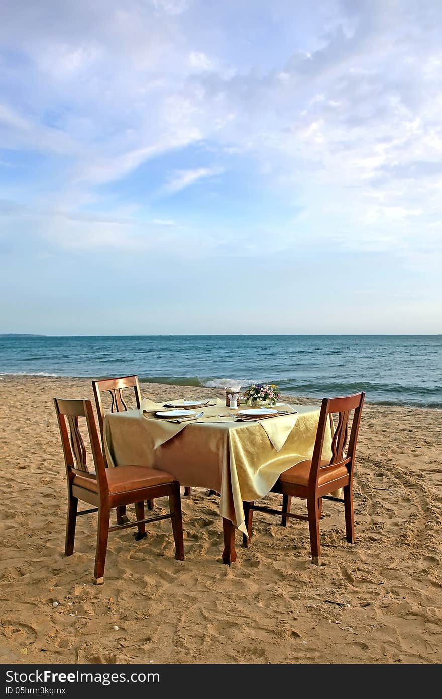 Table and chair on the beach. Vietnam