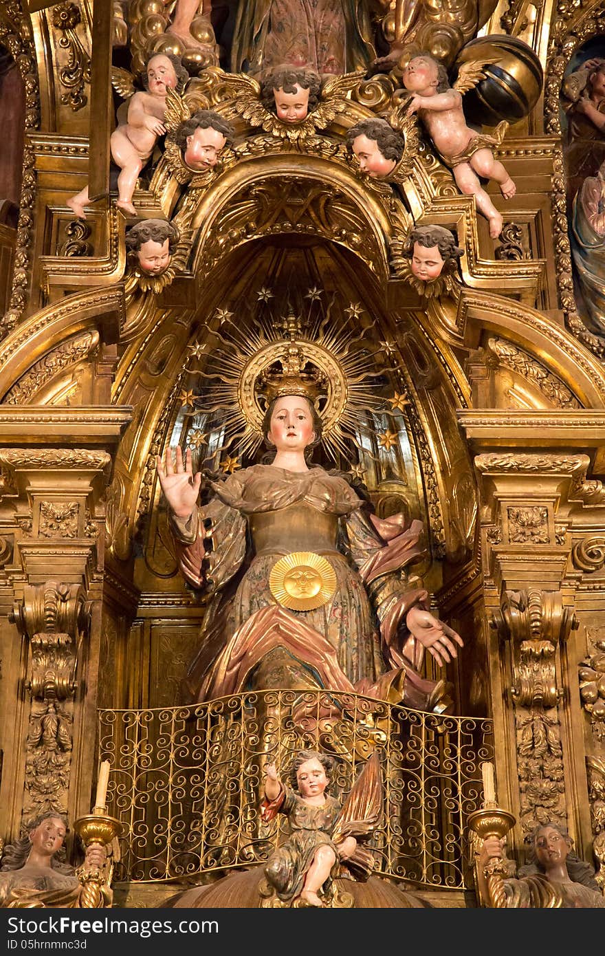 Famous gilded altar in the church of Santa Maria de Cadaques. This golden work of art is visited by pilgrims all over the world and serves as a perfect example of baroque style 16th century iconography