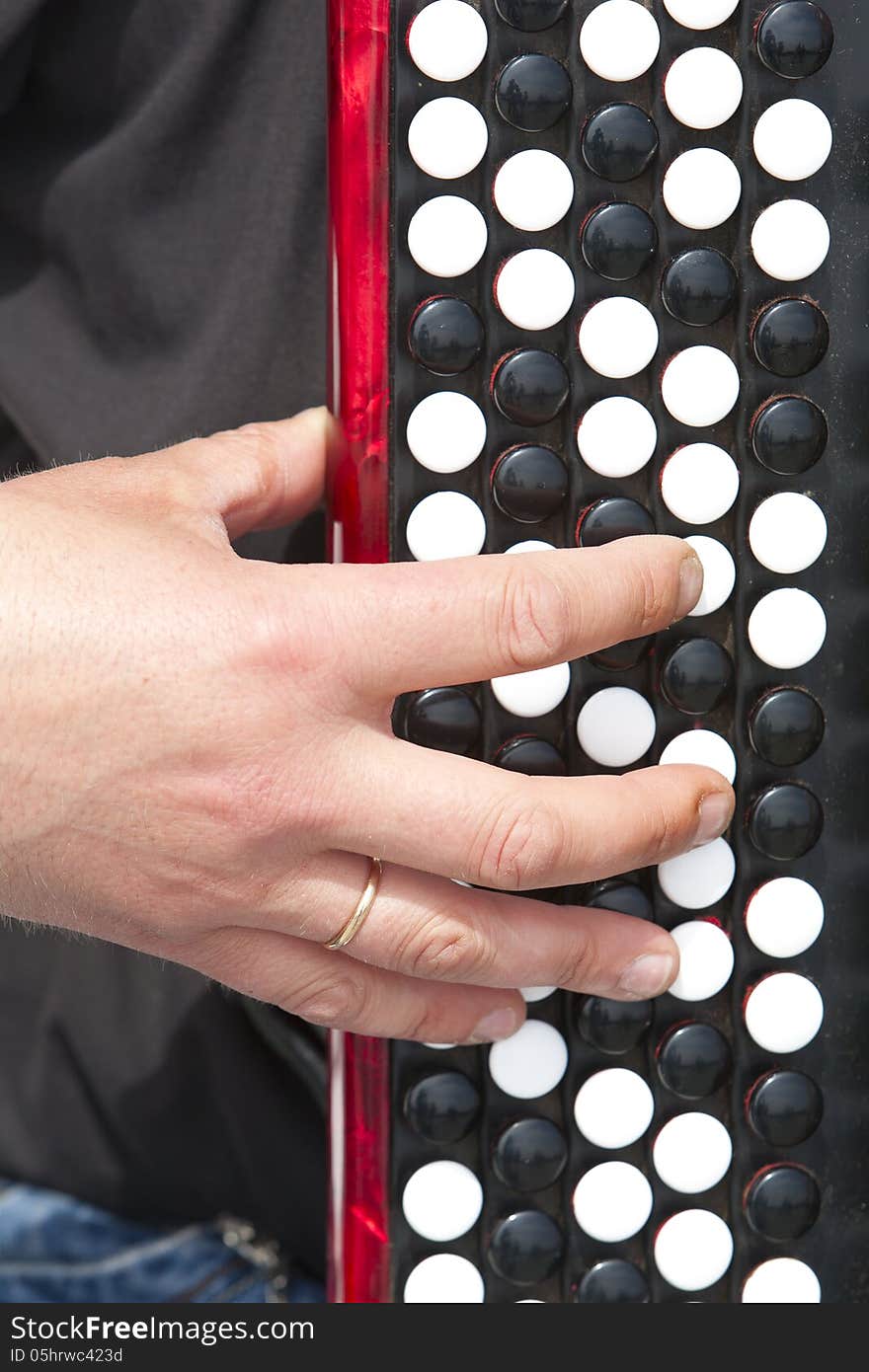 Man's hand on the accordion keyboard closeup. Man's hand on the accordion keyboard closeup