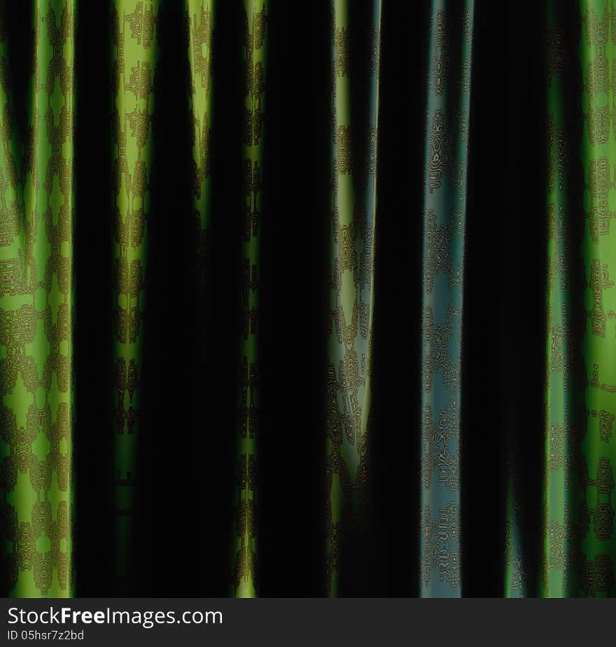 Vintage green satin curtains with pattern background. Vintage green satin curtains with pattern background.