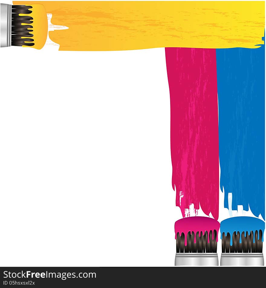 Coloured stripes of paint and brush on a white background